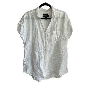 TAHARI Linen Oversized Short Sleeve Button Front Blouse White XL